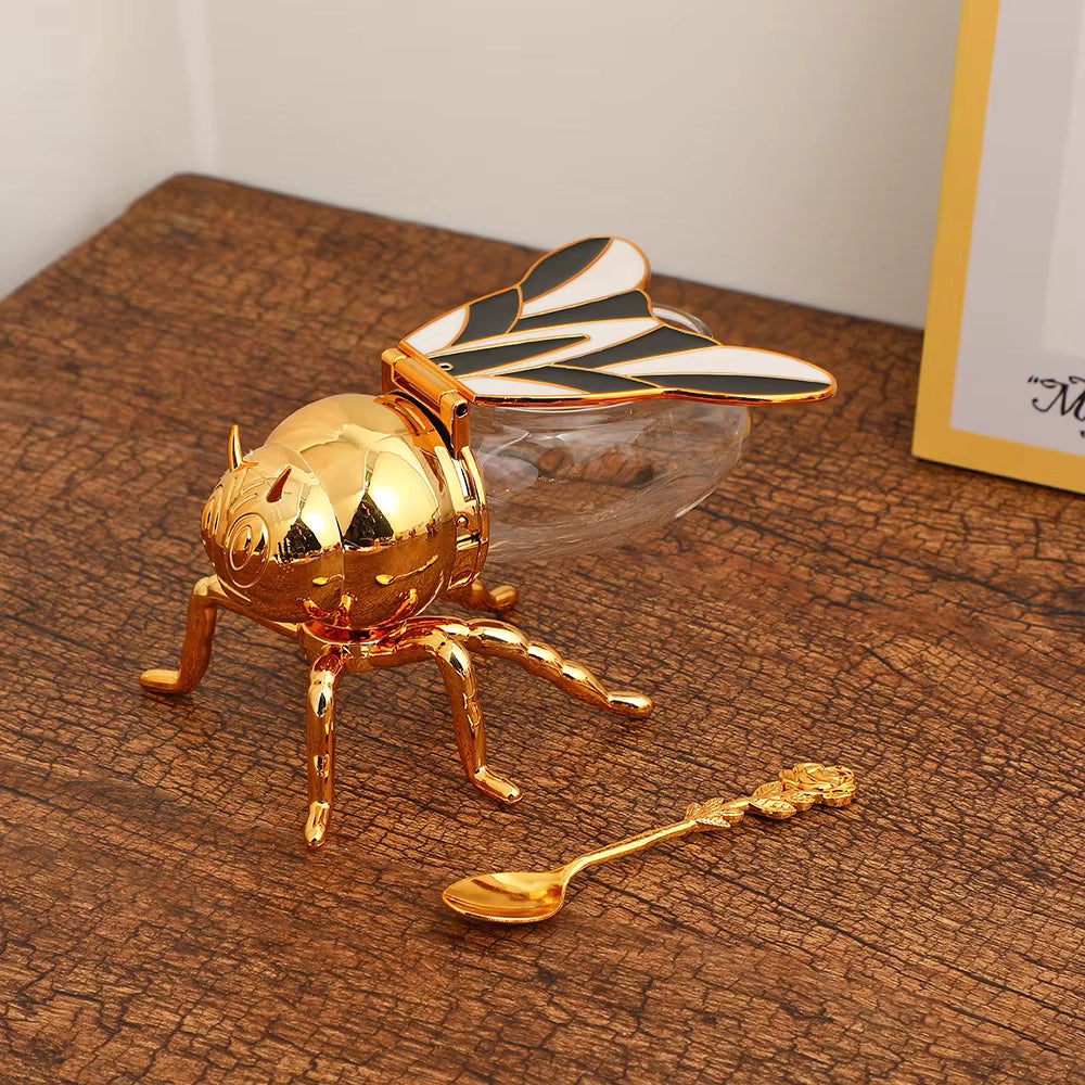 Bee-Shaped Honey Jar with Spoon Black & White
