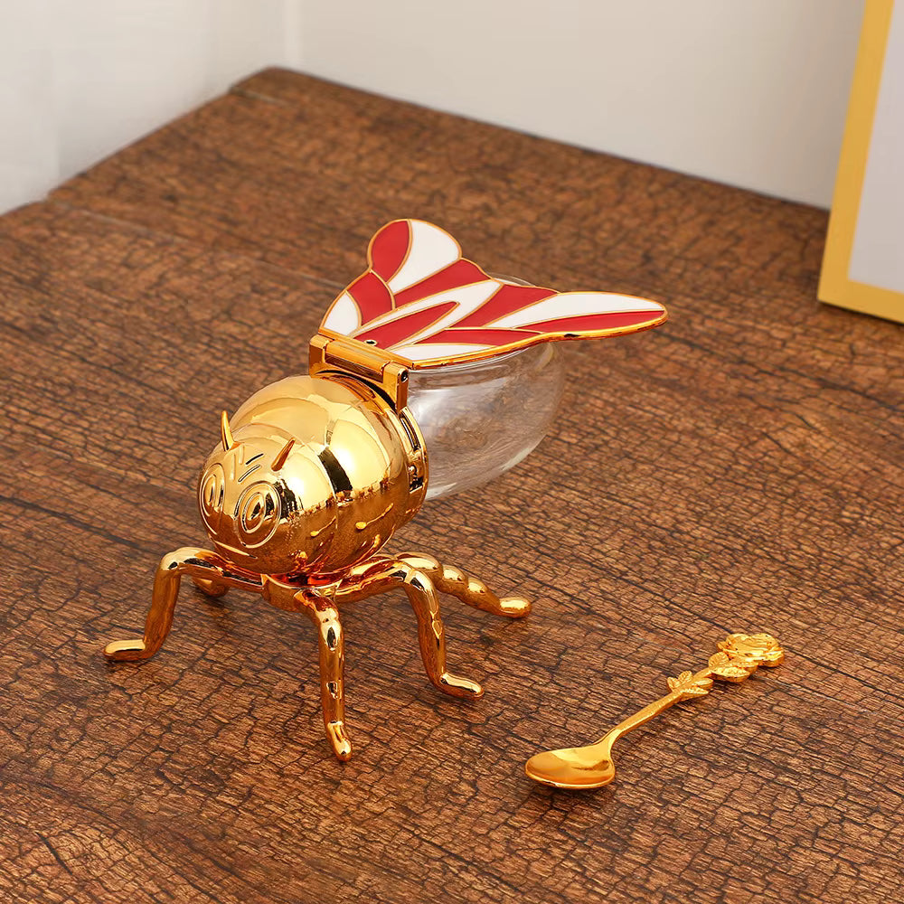Bee-Shaped Honey Jar with Spoon Red & White
